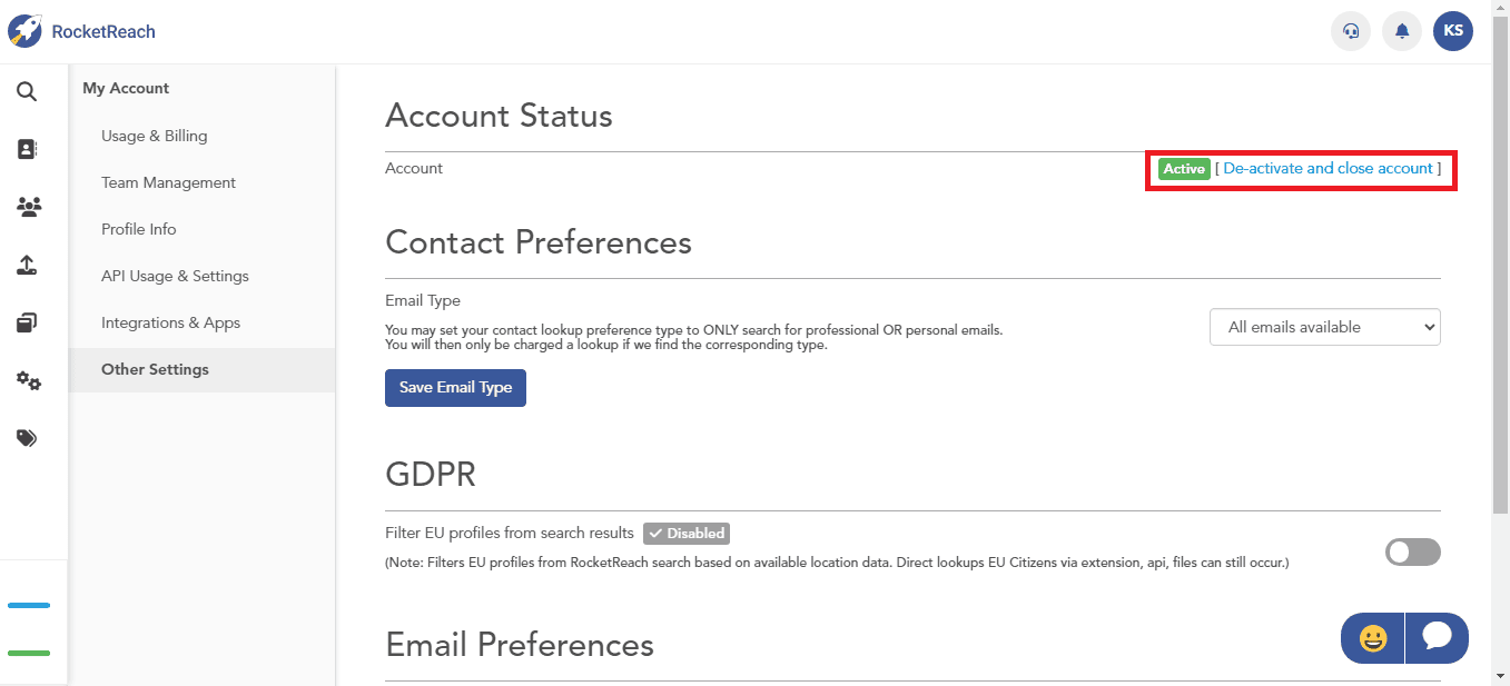 Click on the Deactivate and Close account | RocketReach remove profile