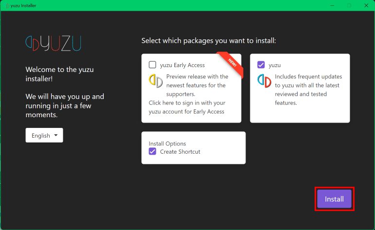 Click on the Install option to download the additional files and install the Yuzu emulator on your PC.