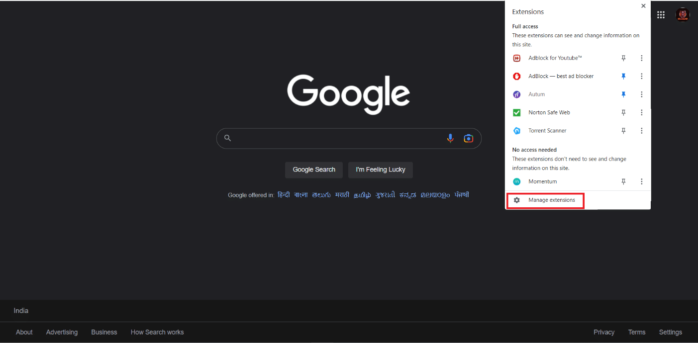 Click on the Manage extension icon