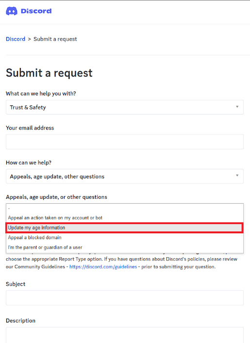 Click on the Update my age information option under the Appeals, age update, other questions section | How to verify age on Discord