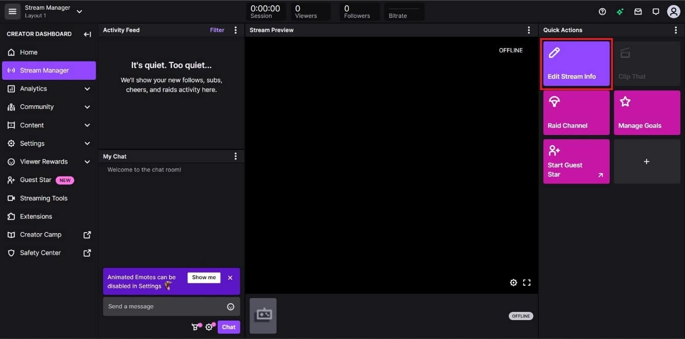 Click the Edit Stream Info tile under Quick Actions on the far right. | How to Change Stream Title on Twitch