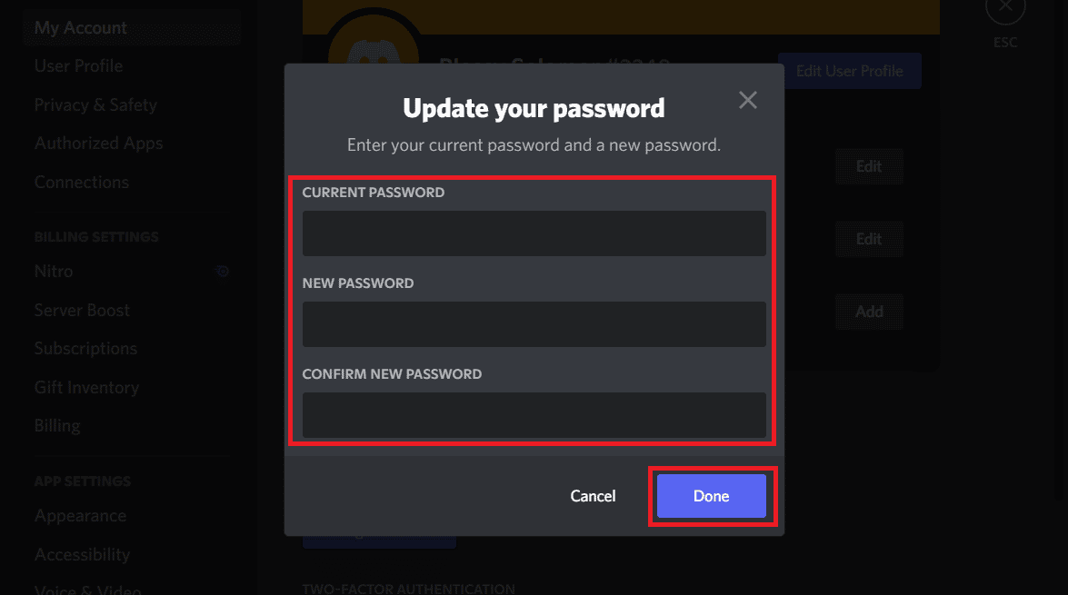 Enter your current and new passwords in the corresponding fields, and tap on Done