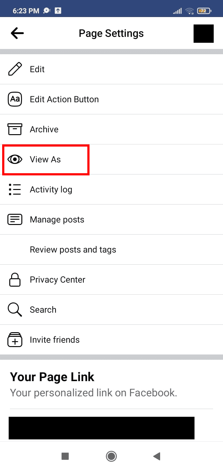 Finally, tap on View As | how to view facebook page as visitor on desktop