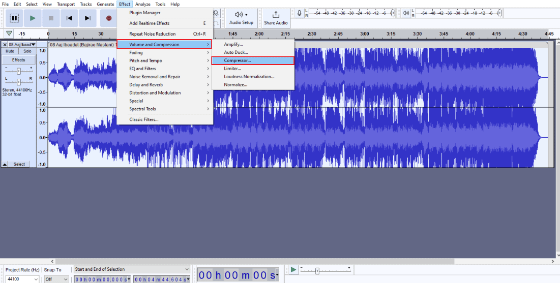 go to Volume and Compression followed by Compressor | remove echo from audio Audacity