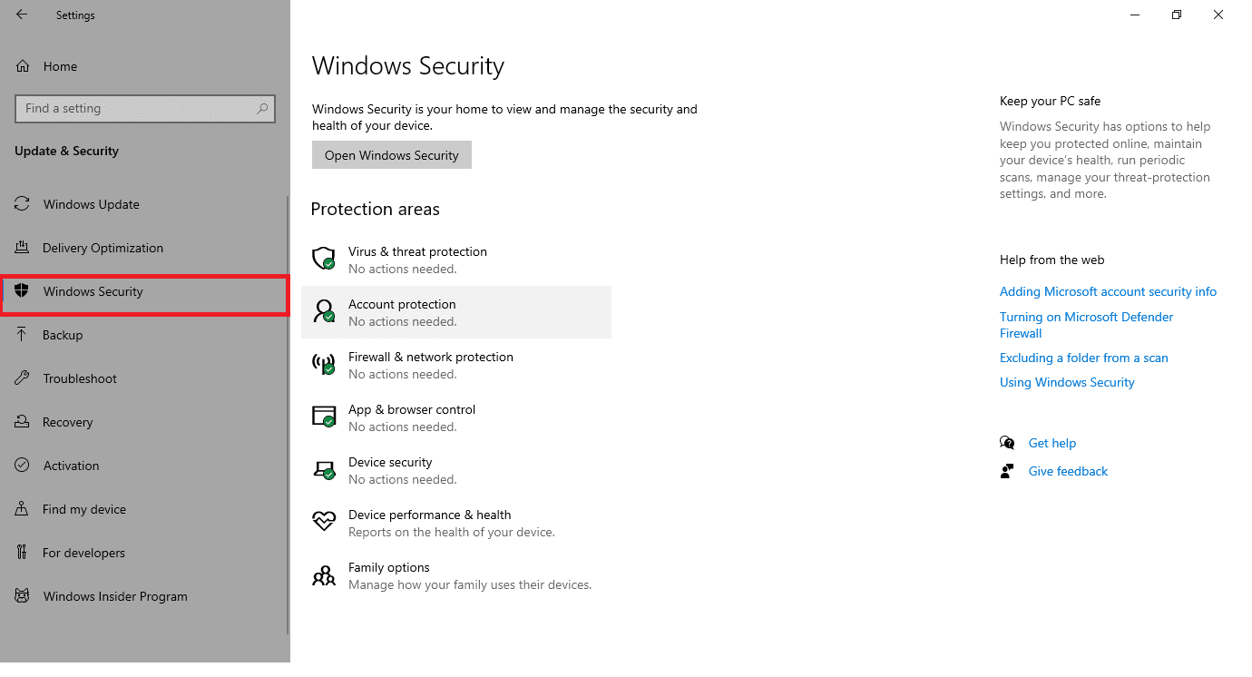 Go to Windows Security on the left pane 