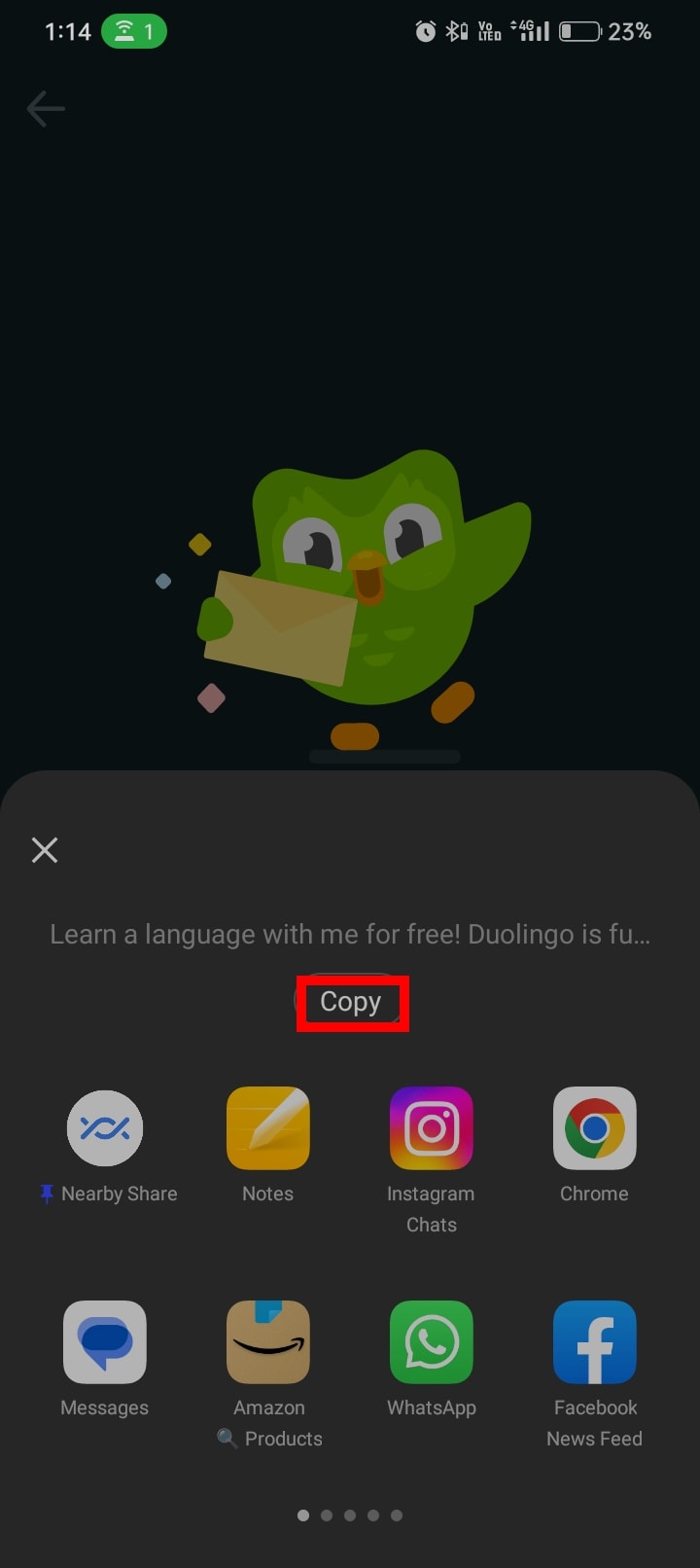 If you choose MORE OPTIONS, you'll encounter various options or social media apps to share your Duolingo account link. You can also tap Copy to copy the link from these options.