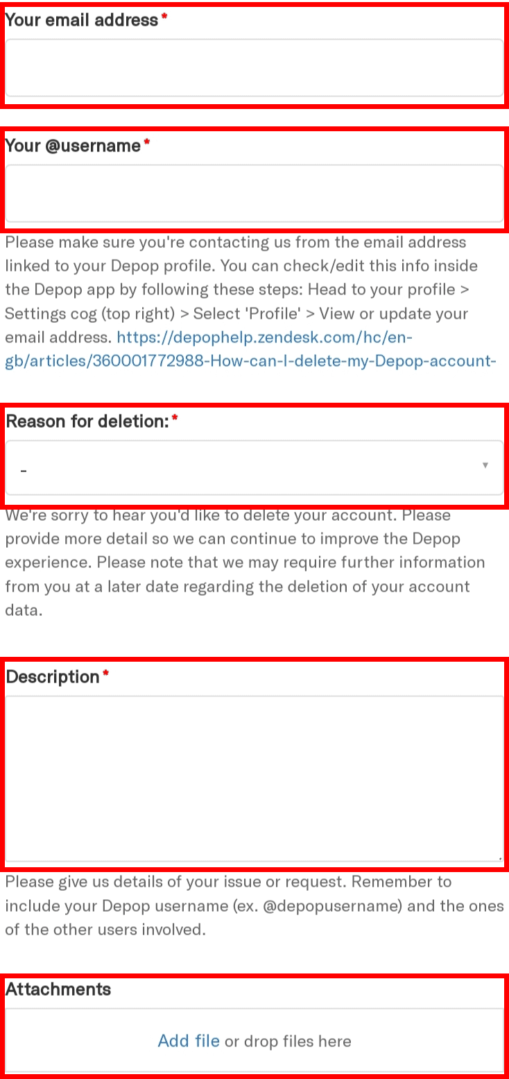In submit a request section, enter your email address, username, select a reason for deletion, explain your issue in the description box, and attach a file if any.