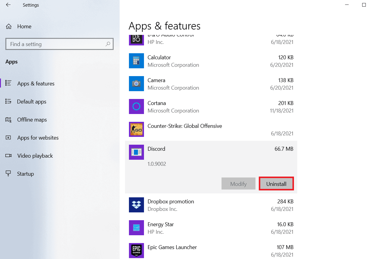 In the Apps and features tab, locate and click Discord and click on Uninstall button to uninstall the application.