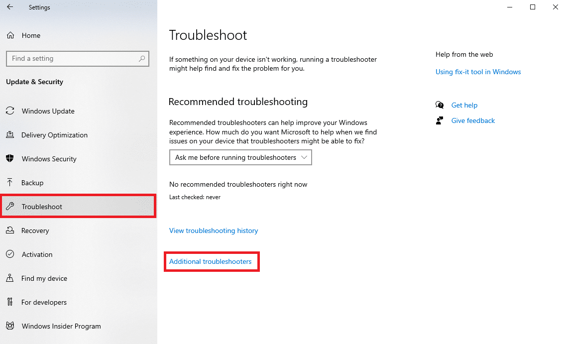 In the new window go to the left pane and click on the Troubleshoot menu. In the side window click on Additional troubleshooters option