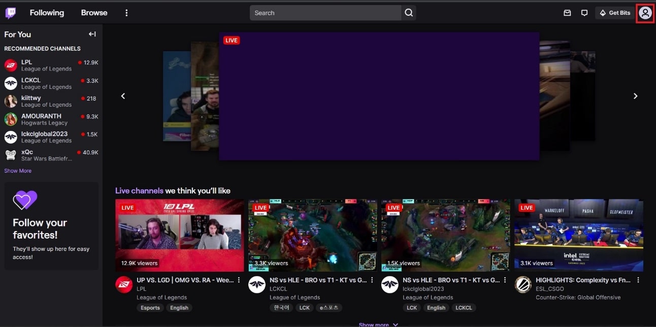 In the upper right corner, click on the Profile icon. | How to Change Stream Title on Twitch