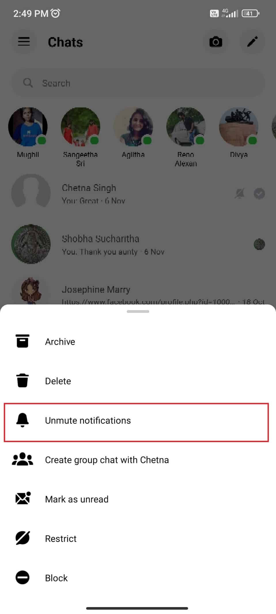 Long press the chat of that contact and tap on Unmute notifications 