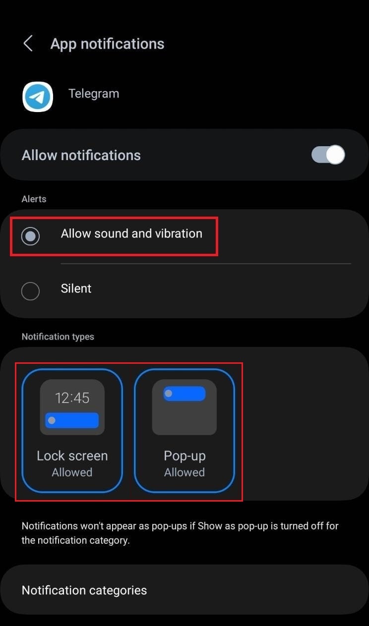 make sure that under the Alerts section, Allow sound and vibration option is enabled. In Notification types, tap on Lock screen and Pop-up to allow them