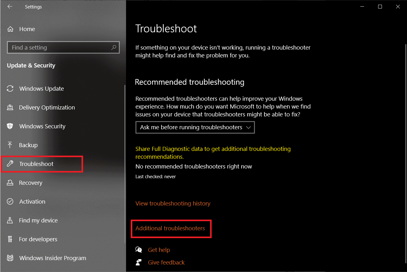 Navigate to Troubleshoot page and click on Additional troubleshooters.