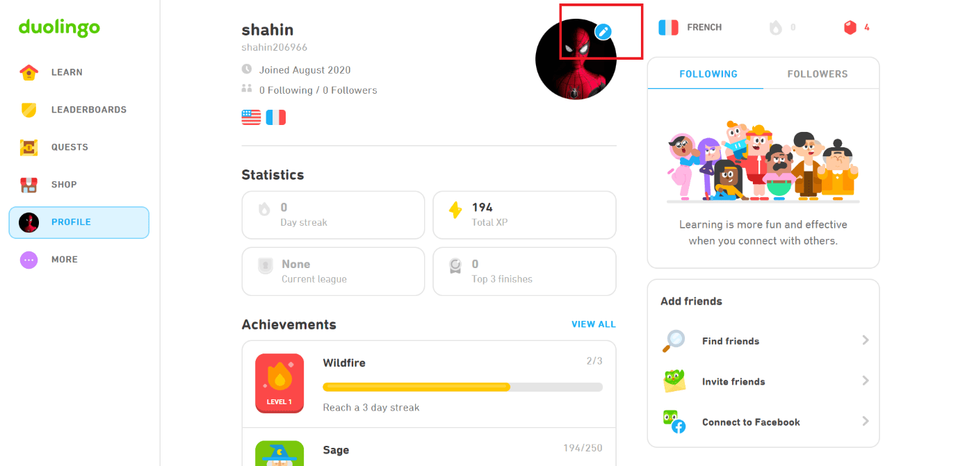 Click on the pencil icon | how to change profile picture in duolingo
