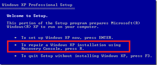 Now, hit any key to boot from CD, and now you will be prompted, "To repair a Windows XP installation by using Recovery Console, press R."