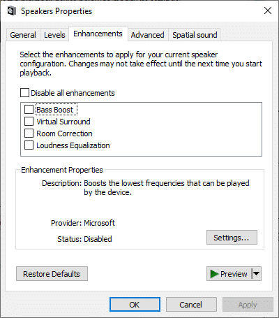 Now, switch to the Enhancements tab in the Speakers Properties window.
