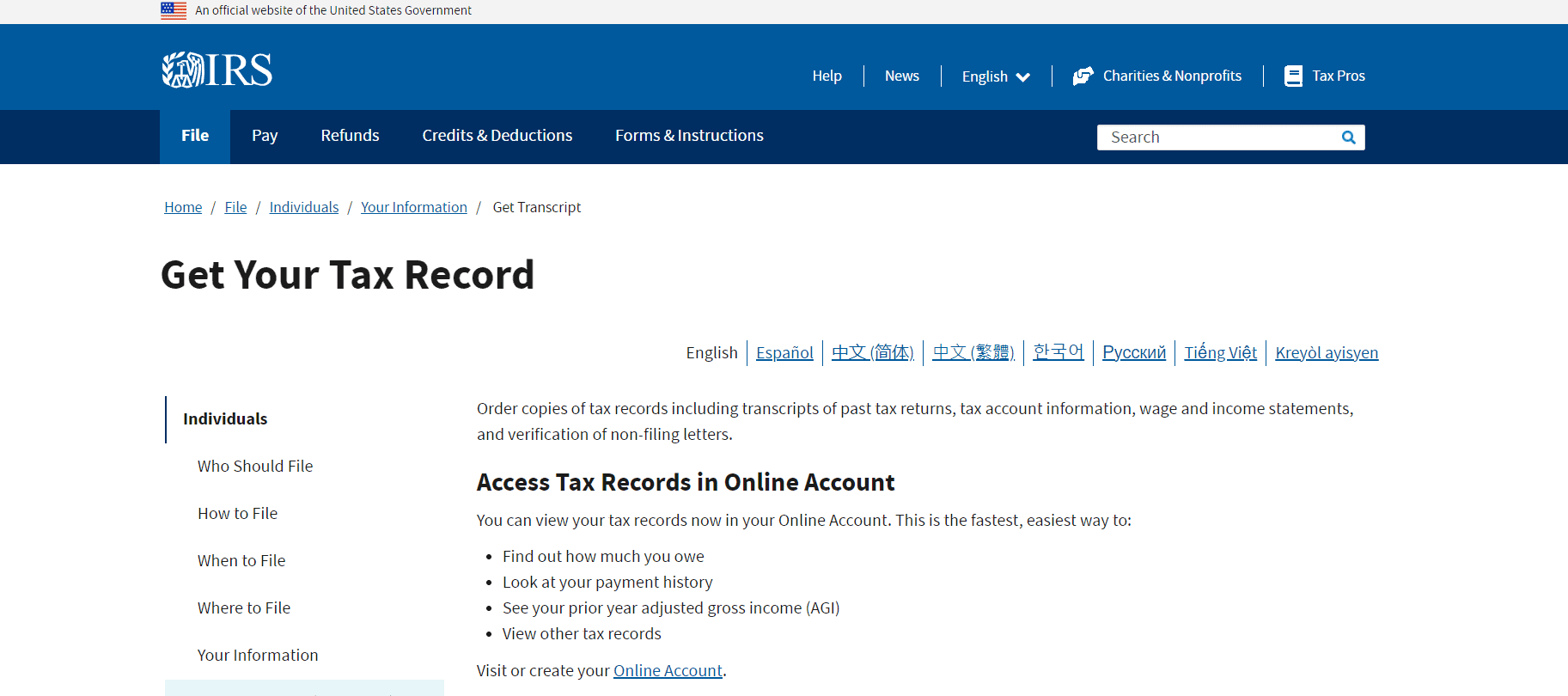 official webpage of IRS website