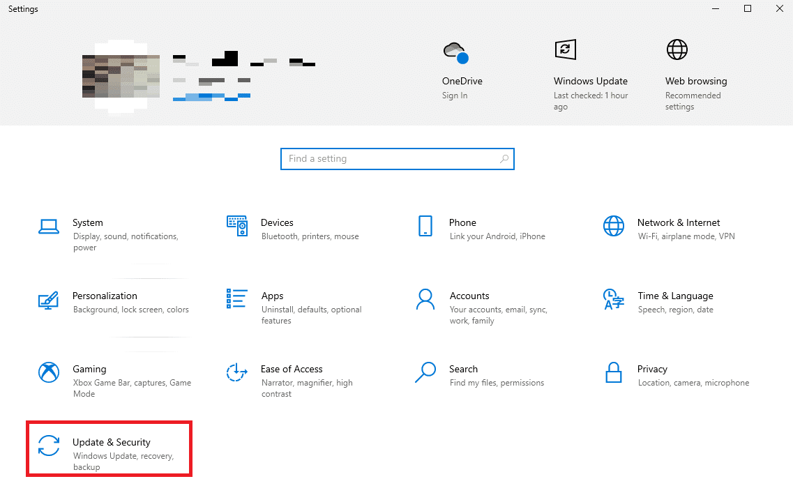 On the Settings window, click on the Update & Security tile