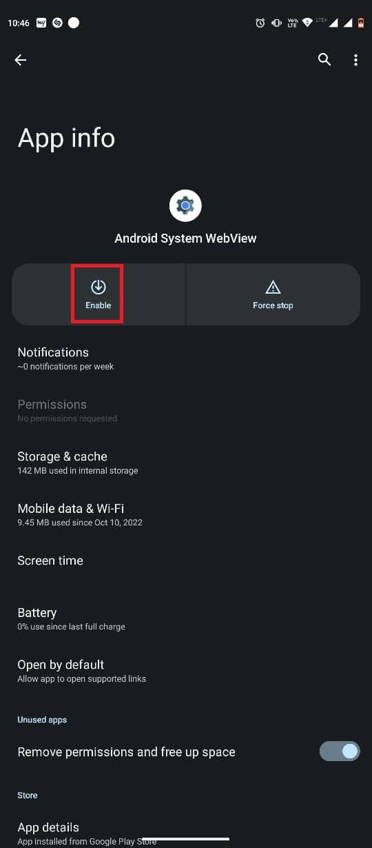 Once disabled tap on Enable to enable Android System WebView