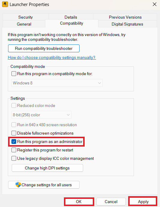 Once you click on the Compatibility tab, find the Run this program as an Administrator checkbox and tick it. Select Apply and then proceed with OK