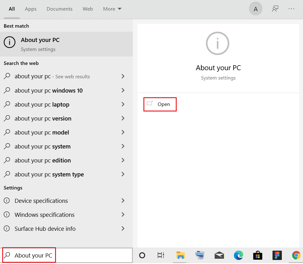 open About your PC windows from Windows Search bar