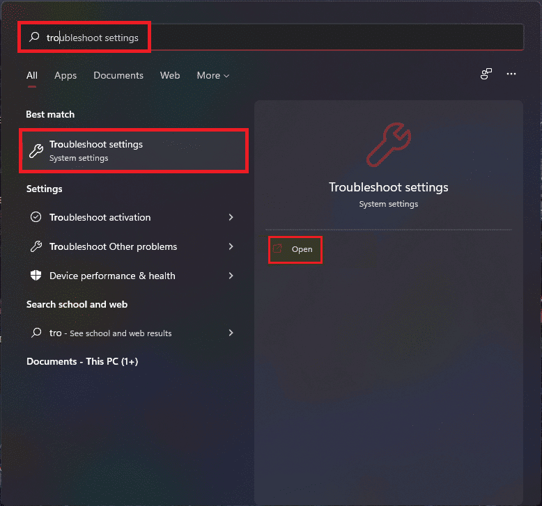 open Troubleshoot settings from Windows 11 search menu