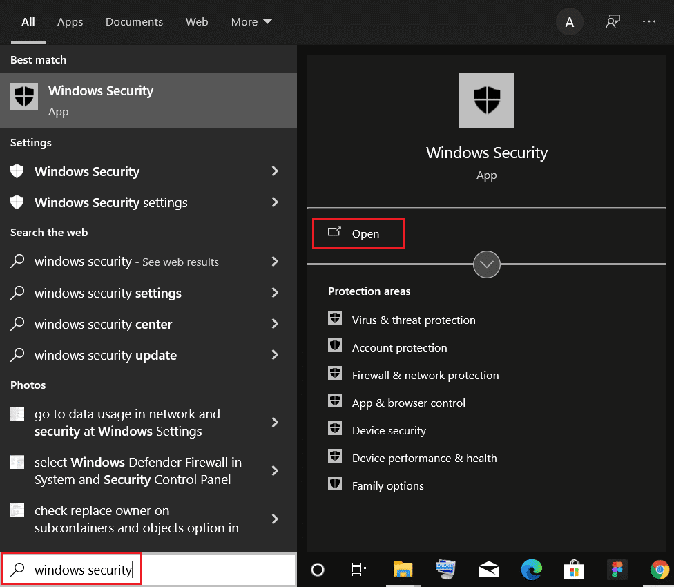 open Windows security through Windows search bar
