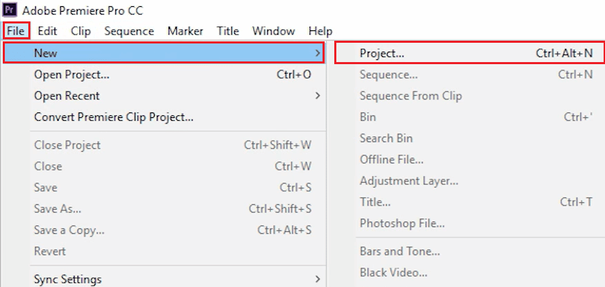 Open Adobe Premiere Pro and go to File and select New then Project… option.