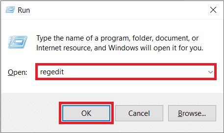 Press Windows key + R to open Run, type regedit in the Run command box and click on OK. 