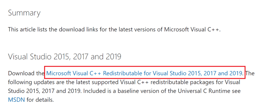 Reinstall Microsoft Visual C++ Redistributable