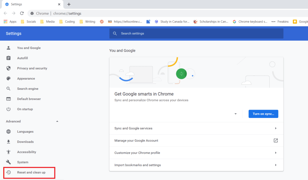 reset and clean up menu in chrome settings