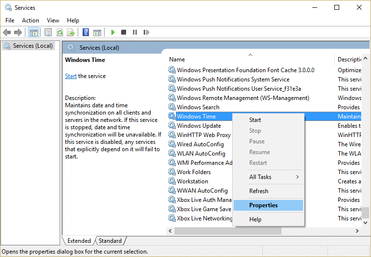 right-click Windows Time service and select Properties