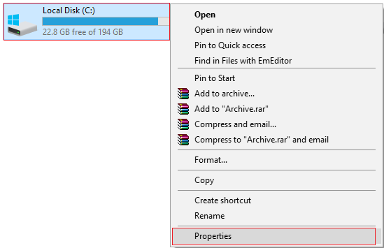 right click on C: drive and select properties | Fix Video Scheduler Internal Error