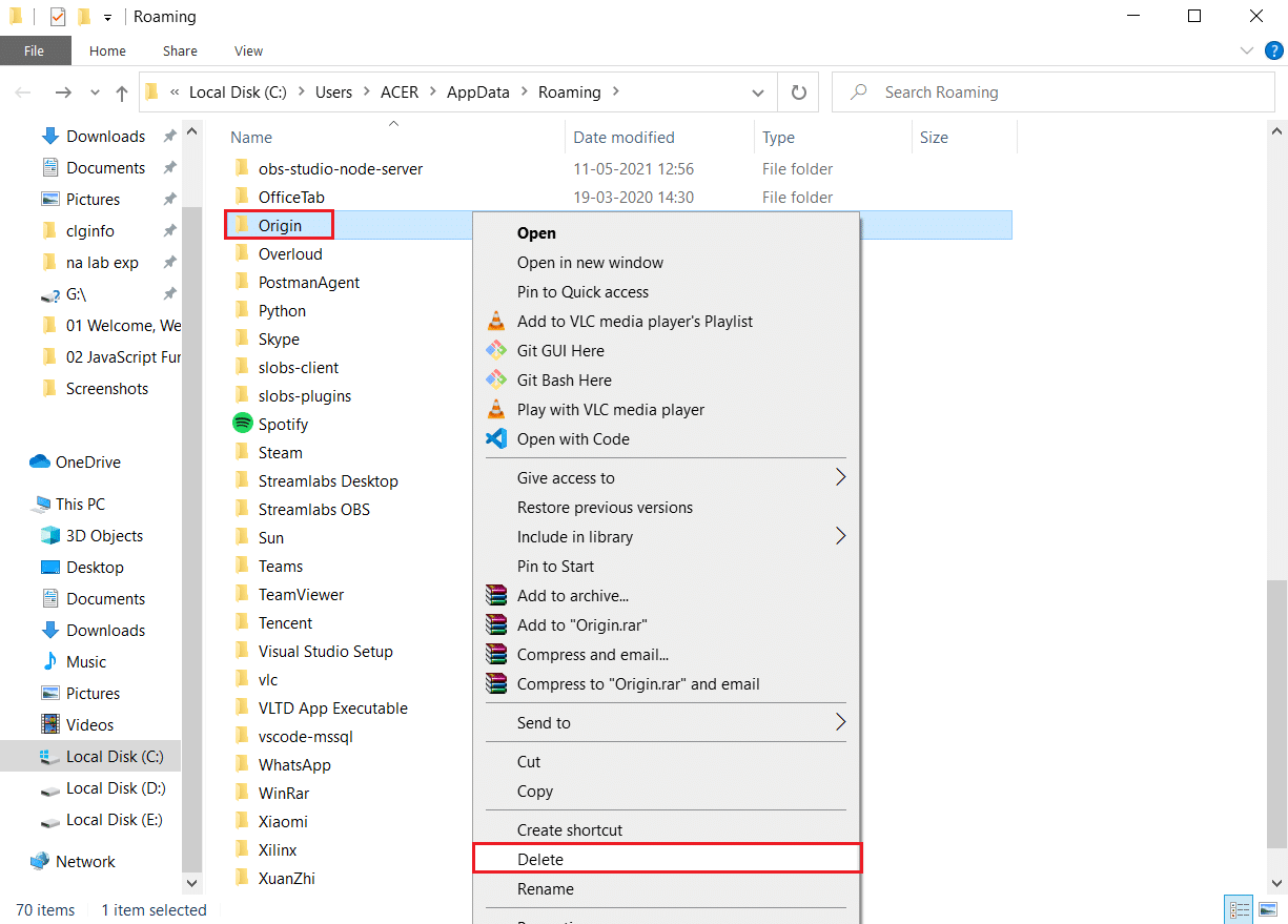 right click on Origin folder and select delete option