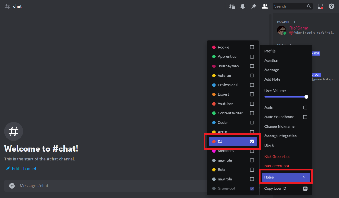 Right-click on the green bot and select Roles then assign a role to the bot.