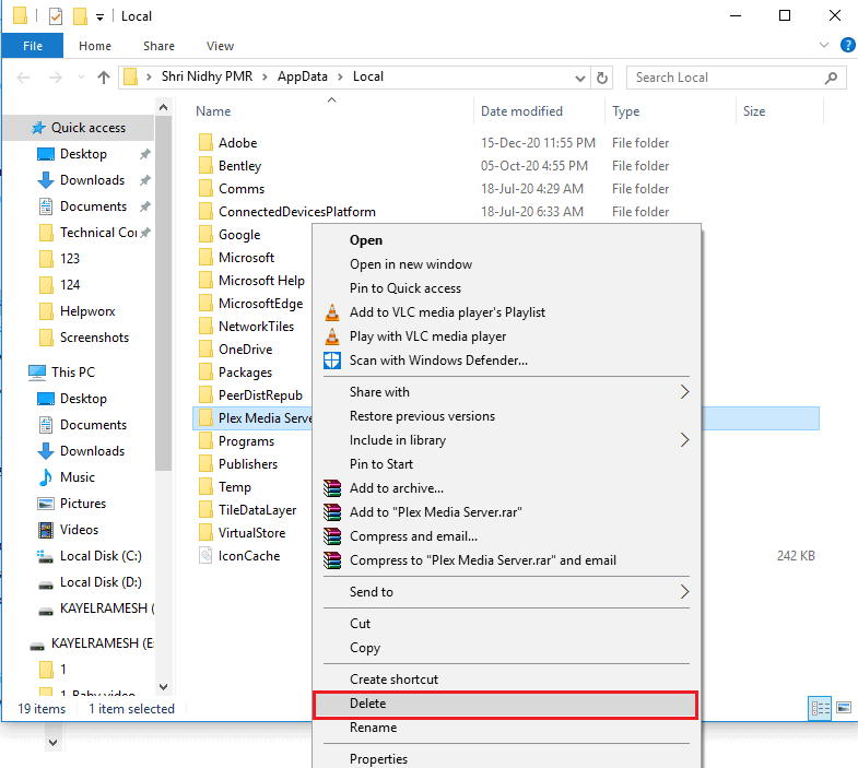 Right click on the Plex Media Server folder and click on the Delete option