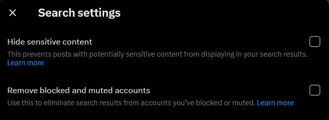 Screenshot of Twitter sensitive content settings | twitter search not showing all results