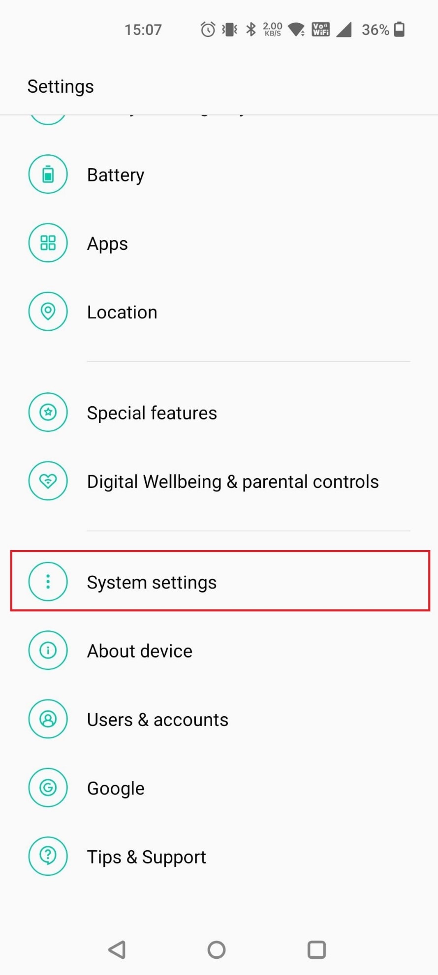 Scroll down and tap on System settings.