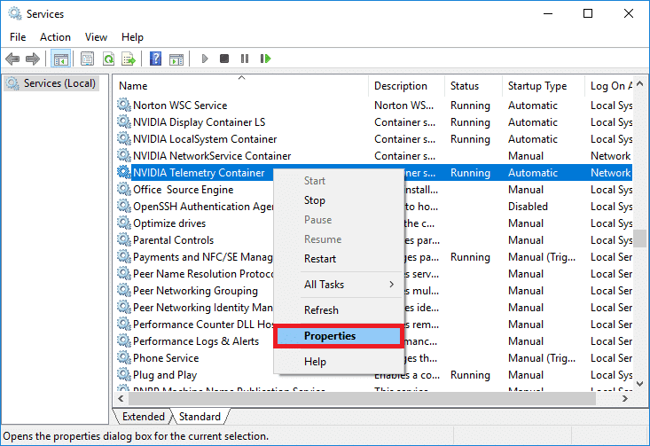 Scroll through the list and locate NVIDIA Telemetry Container service. Right click on it and choose Properties from the context menu. 
