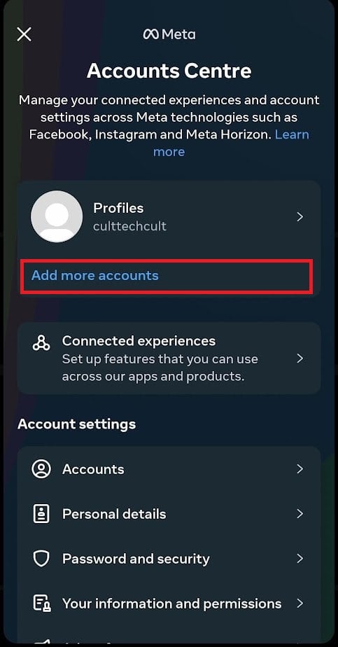 select Accounts Centre - Add more accounts | manage multiple Instagram accounts