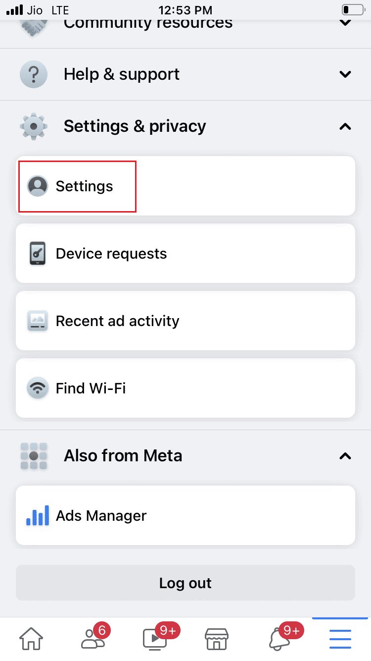 select Settings on Facebook iOS app