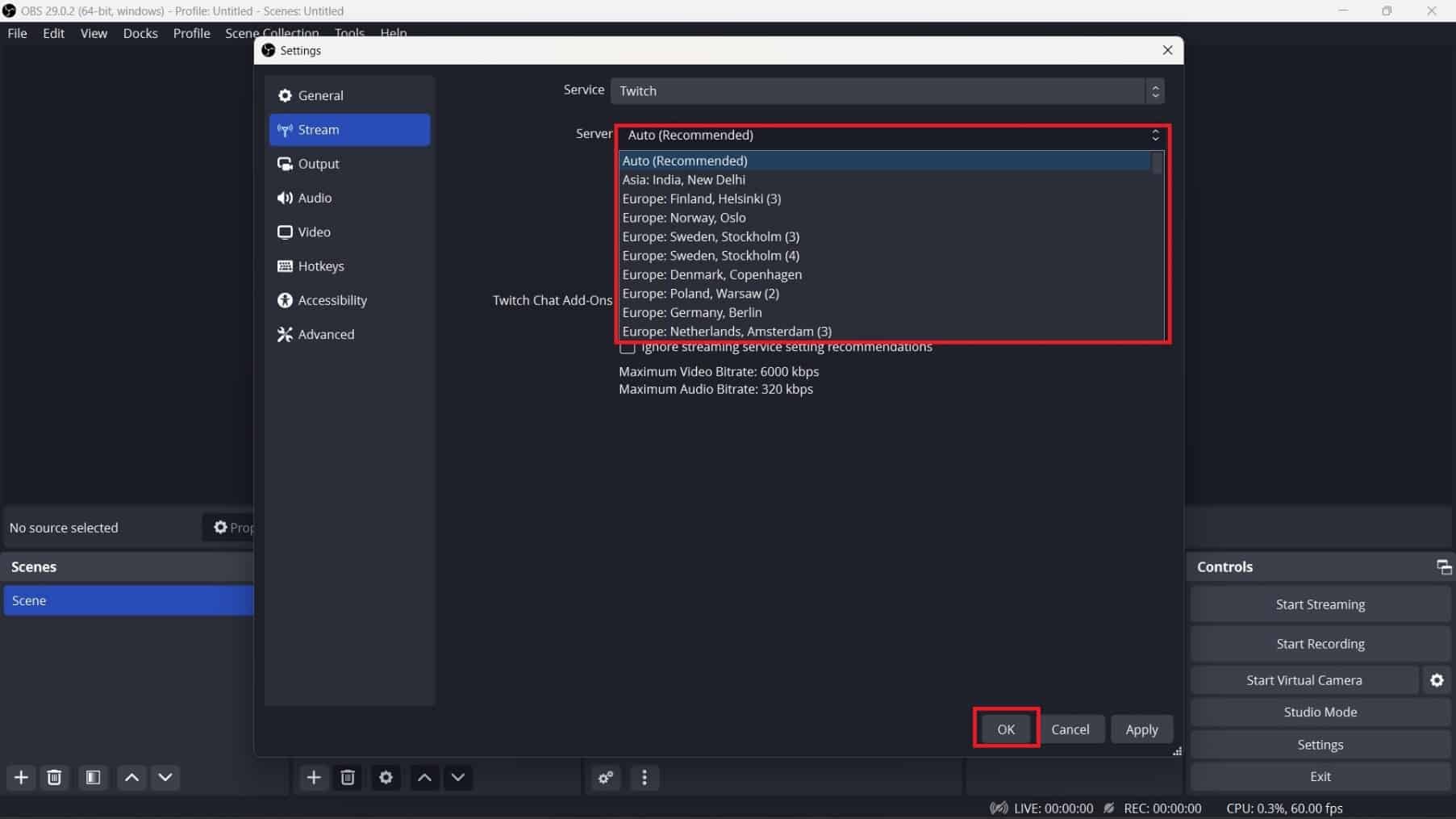 Select a server from the drop-down menu and click on OK. Choose one that is closest to your current location. | How to Change Stream Title on Twitch