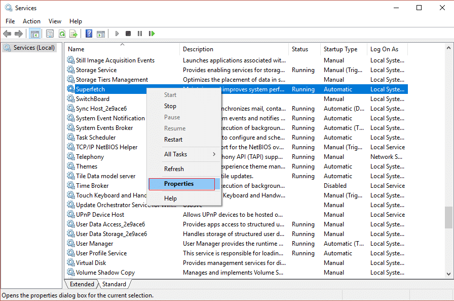 select properties of superfetch in services.msc window