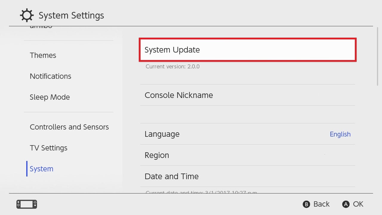 Select System Update, to start the system update process | How to Fix Error Code 2123-1502 on Nintendo Switch