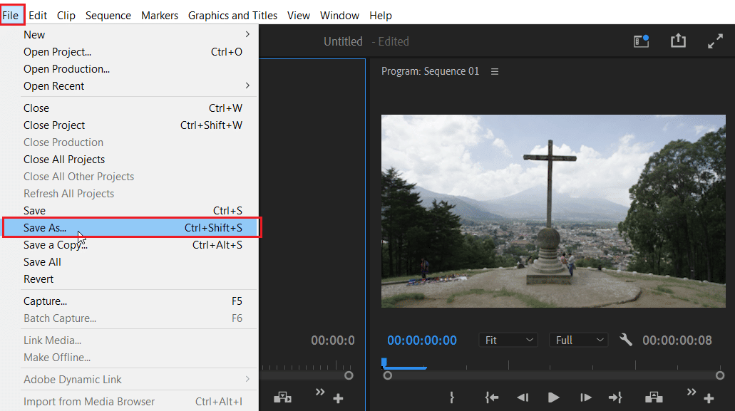 select the File option from the upper left corner and click on Save As. | Premiere Pro playback resolution greyed out