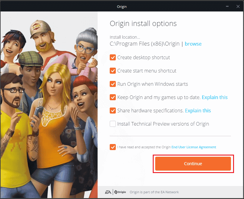 click on Continue to install Origin