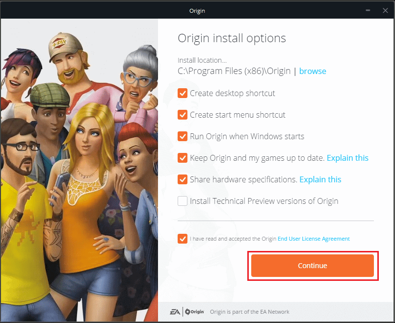 click on Continue to install Origin