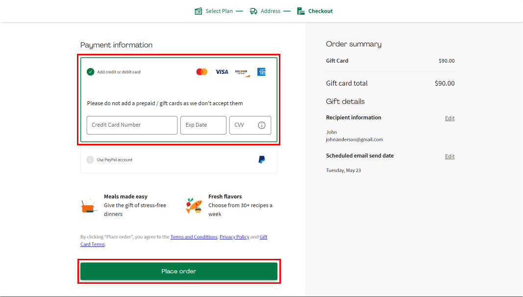 Select the payment method and add the details, then click on Place order.