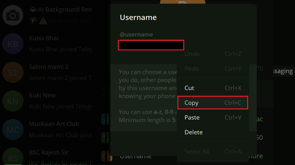 select the username, and click on Copy. | How To Get My Telegram Profile Link