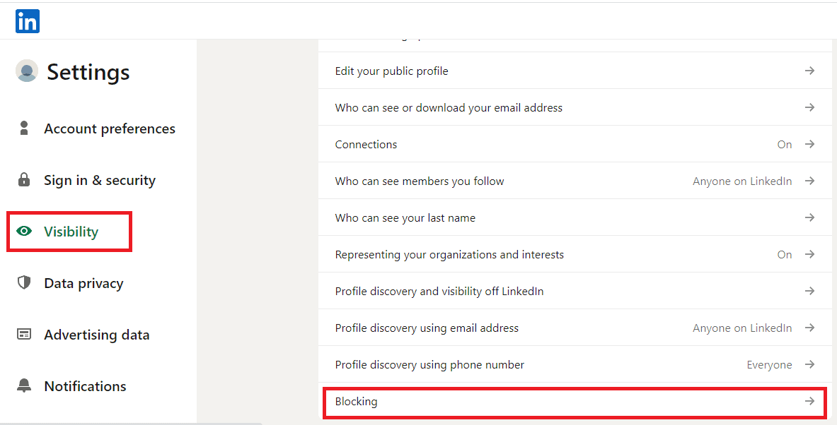 selecting the option "blocking" from "visibility" menu 